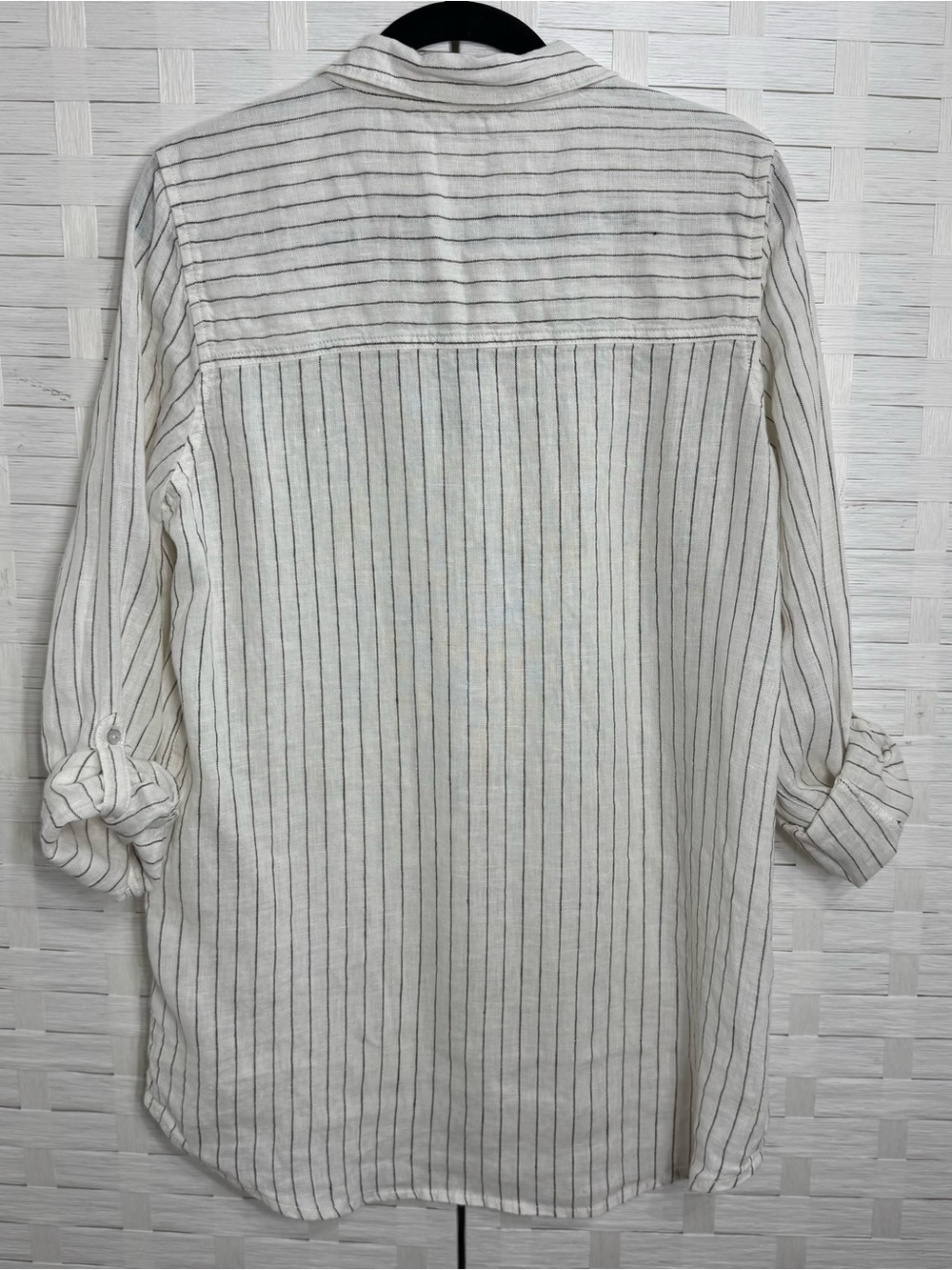 Joie Women’s Large Cream Brown Striped Linen Top Button Roll Up Sleeve - Picture 6 of 9